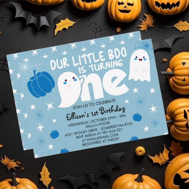 Cute Blue Little Boo Halloween Första födelsedagen Inbjudningar (Skapare uppladdad)