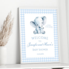 Cute Blue Little Elephant Gingham Pojke Shower Poster