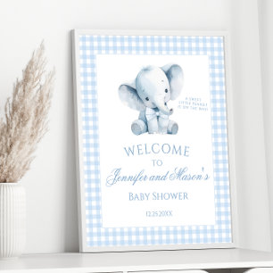 Cute Blue Little Elephant Gingham Pojke Shower Poster