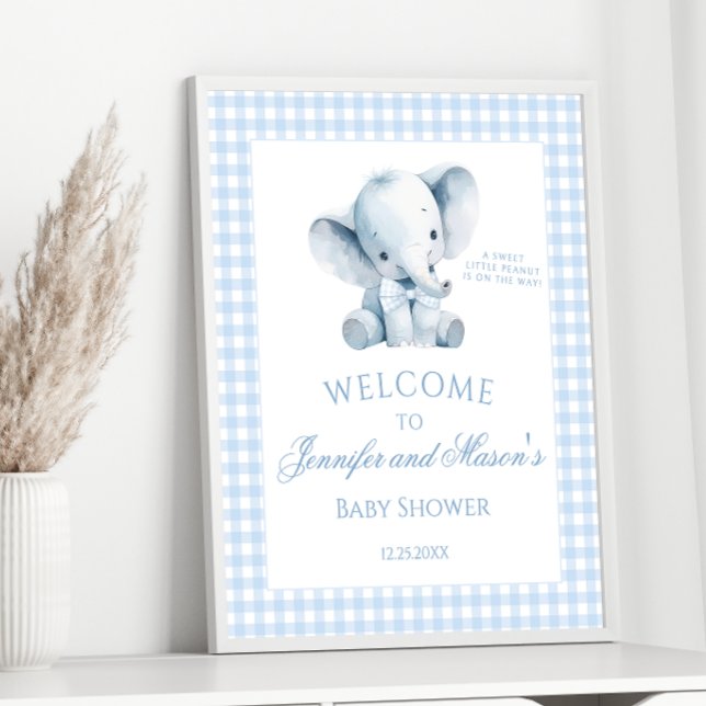 Cute Blue Little Elephant Gingham Pojke Shower Poster (Skapare uppladdad)