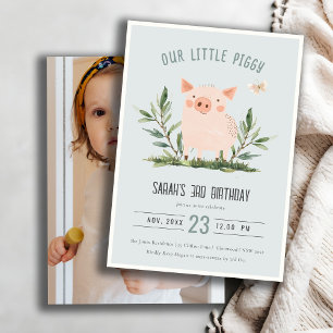 Cute Blue Little Pig Kids Farm Gris Photo Birthday Inbjudningar