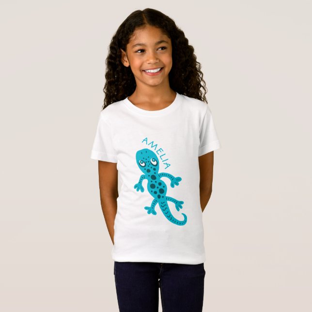Cute Blue Lizard Gecko Kids Namn T-Shirt (Hel framsida)