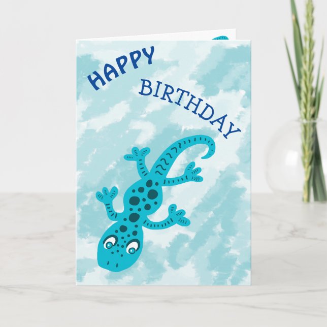 Cute Blue Lizard Gecko på Blå Grattis på födelseda Kort (Framsida)