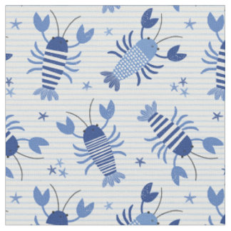 Cute Blue Lobsters på ljusblå vit strimma Tyg