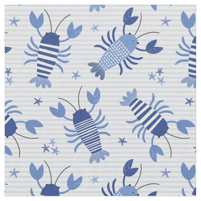 Cute Blue Lobsters på ljusblå vit strimma Tyg (Närbild)