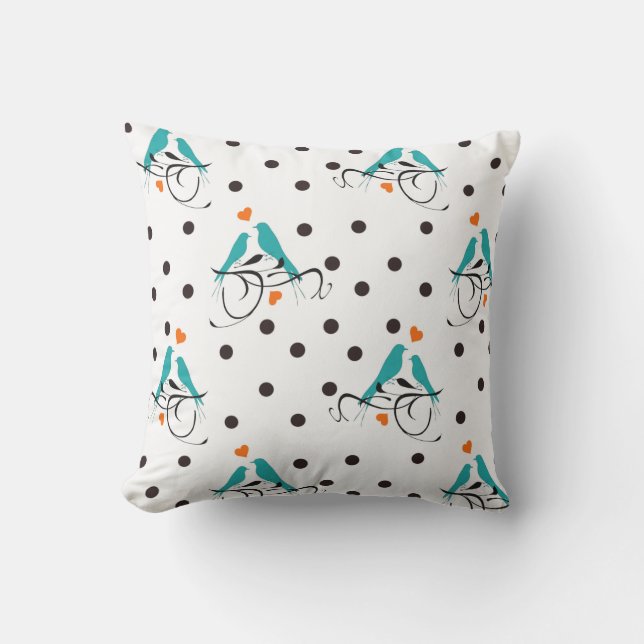 Cute Blue Love birds i Black Polka dots Kudde (Framsida)