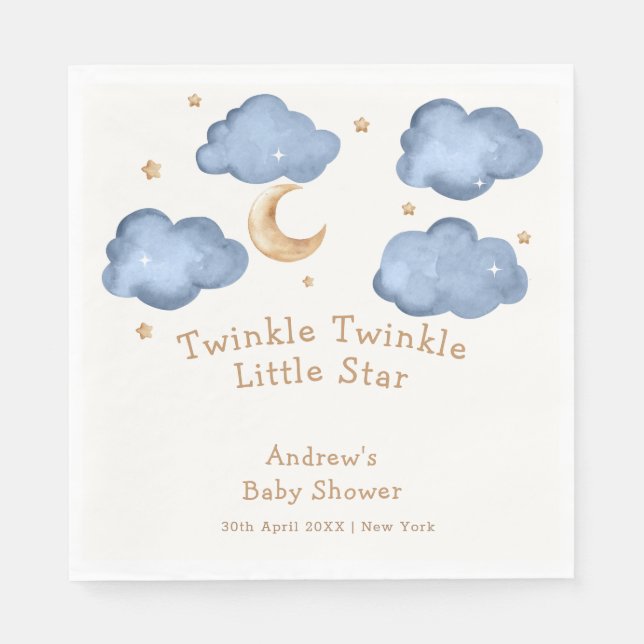 Cute Blue Måne Stars Twinkle Twinkle Baby Shower Pappersservett (Framsidan)
