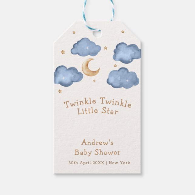 Cute Blue Måne Stars Twinkle Twinkle Baby Shower Presentetikett (Framsidan)