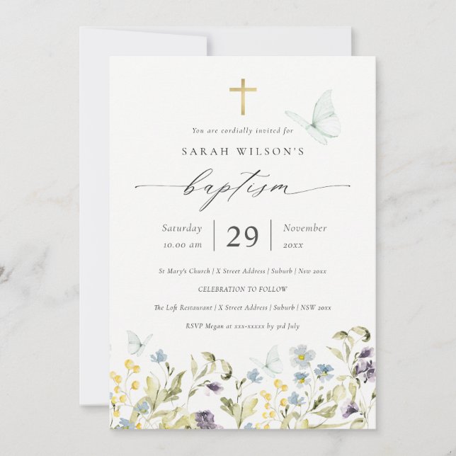 Cute Blue Meadow Blommigt Butterfly Baptism Inbjud Tack Kort (Framsida)