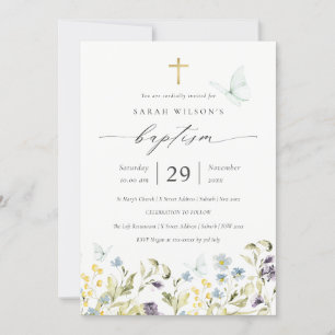 Cute Blue Meadow Blommigt Butterfly Baptism Inbjud Tack Kort