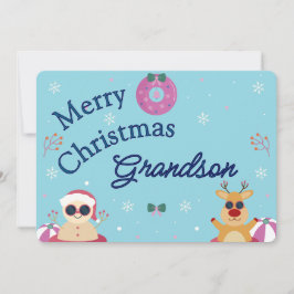 Cute Blue Merry Christmas Grandson Holiday Julkort