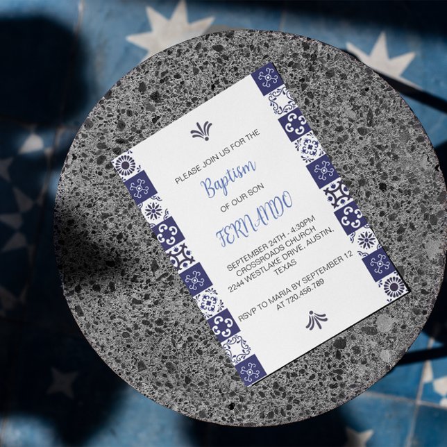 Cute Blue Mexican Baptism Bautizo-inbjudan Inbjudningar (blue white mexican baptism card)