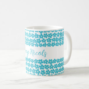 Cute Blue Minimalist Daisy Mönster Blommigt Namn Kaffemugg