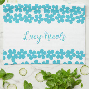 Cute Blue Minimalist Daisy Mönster Blommigt Namn Kökshandduk