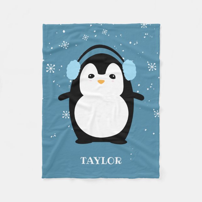 Cute Blue modern baby penguin kawaii personlig Fleecefilt (Framsidan)