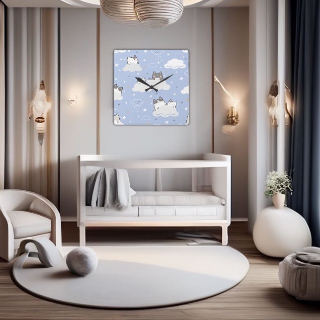 Cute Blue Mönster Kitten Cloud Fyrkantig Klocka (Cute Pattern Kitten Blue Square Wall Clock)