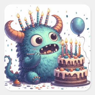 Cute Blue Monster med födelsedagskaka Fyrkantigt Klistermärke