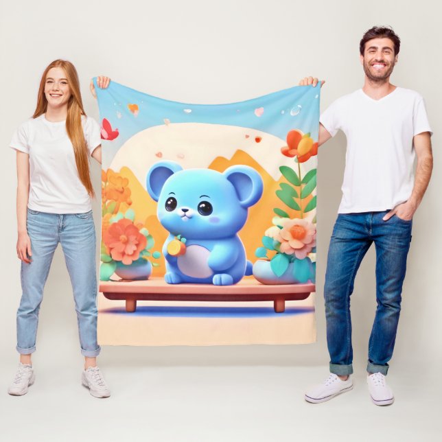 Cute Blue Mouse med blommor Fleecefilt (På plats)