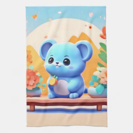 Cute Blue Mouse med blommor Kökshandduk