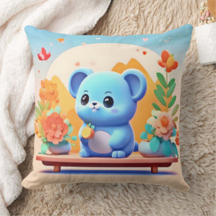 Cute Blue Mouse med blommor Kudde