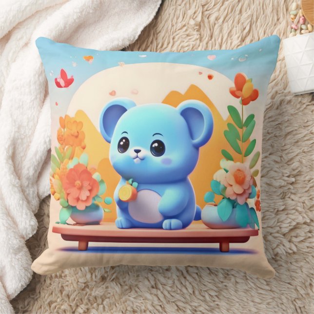 Cute Blue Mouse med blommor Kudde (Filt)