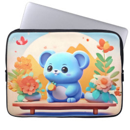Cute Blue Mouse med blommor Laptop Fodral