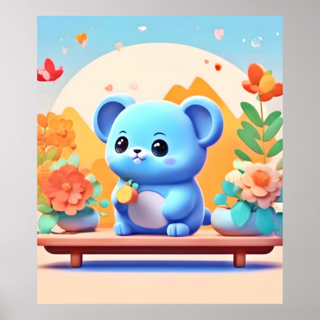 Cute Blue Mouse med blommor Poster (Framsidan)