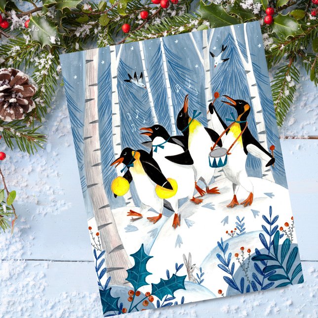 Cute Blue-musiker penguins snö roligt helgdag-kort Helg Vykort (Cute blue musicians penguins snow fun holiday card)