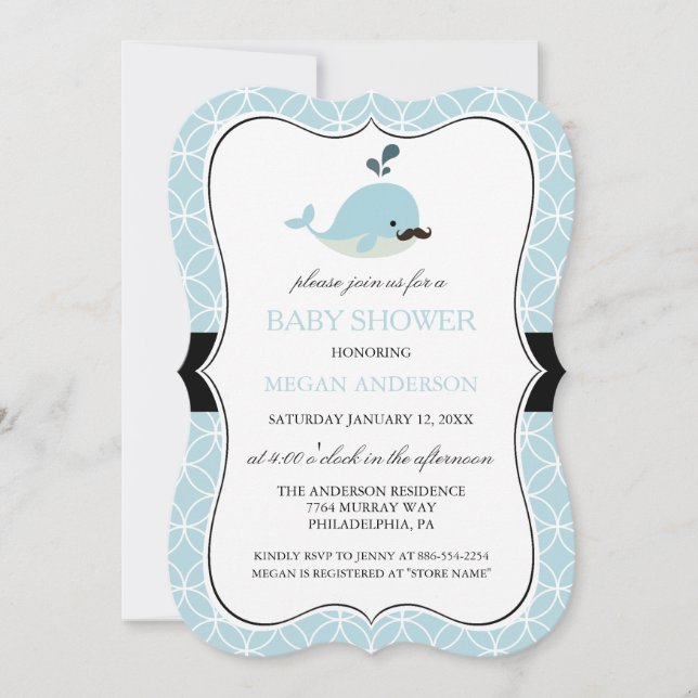 Cute Blue Mustache Whale Boy Shower Inbjudan (Framsida)