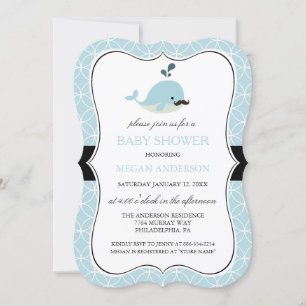 Cute Blue Mustache Whale Boy Shower Inbjudan