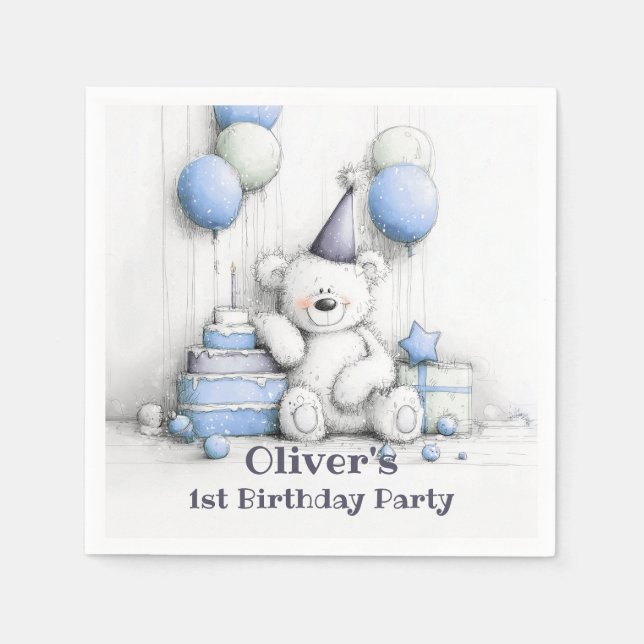 Cute Blue-Nalle 1:a födelsedag Party Pappersservett (Framsidan)