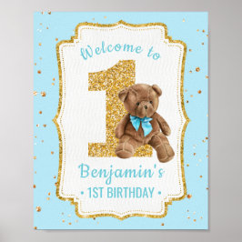 Cute Blue-Nalle 1:a födelsedagen Poster