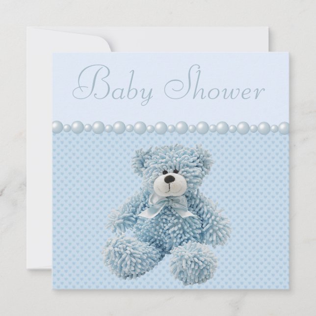 Cute Blue Nalle Pojke Shower Inbjudningar (Framsida)