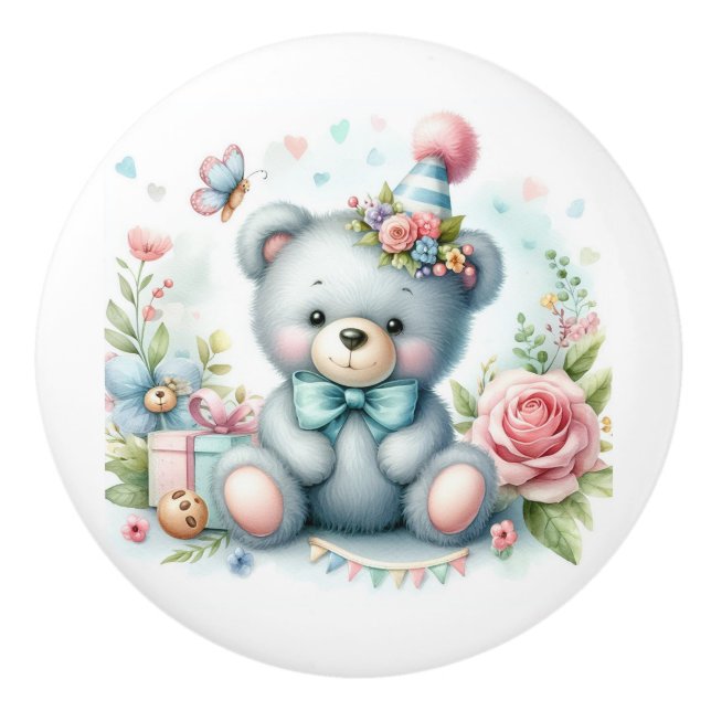 Cute Blue Nalle Rosa ros Baby Room Knopp (Framsidan)