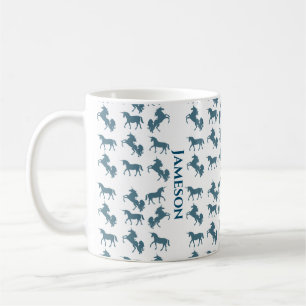 Cute Blue Namn Monogram Unicorn Mönster Kaffemugg