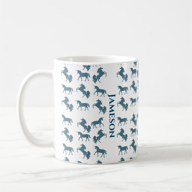 Cute Blue Namn Monogram Unicorn Mönster Kaffemugg (Vänster)