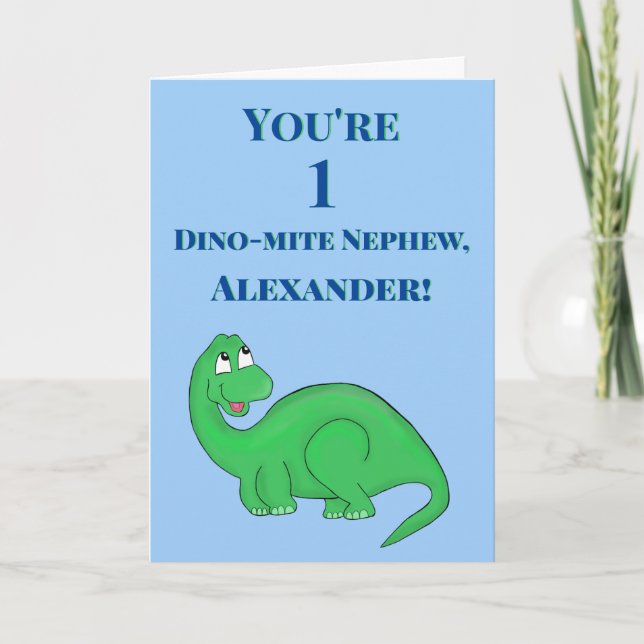 Cute Blue Nephew Son Boy 1st Birthday Dinosaur Kort (Framsida)