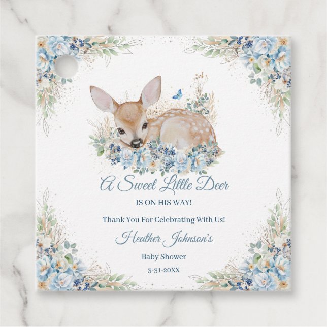Cute Blue- och Beige Blommigt Hjort Baby Shower Gåvor Etiketter (Framsida)
