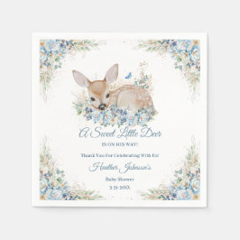 Cute Blue- och Beige Blommigt Hjort Baby Shower Pappersservett