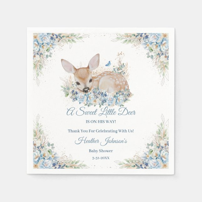 Cute Blue- och Beige Blommigt Hjort Baby Shower Pappersservett (Framsidan)