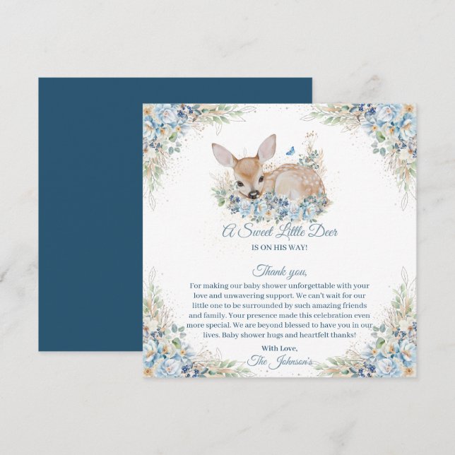 Cute Blue- och Beige Blommigt Hjort Baby Shower Tack Kort (Fram/baksida)