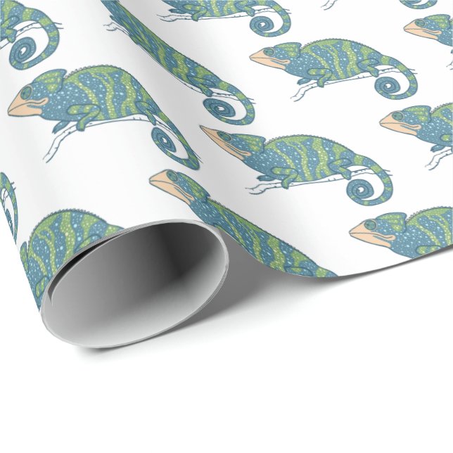 Cute Blue och Grönt Chameleon Lizard Gift Wrap Presentpapper (Rullad Hörn)