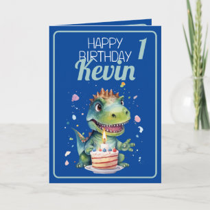 Cute Blue och Grönt Dinosaur Boy 1:a födelsedagen Kort