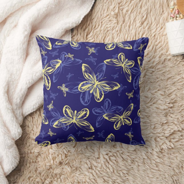 Cute Blue och Gult Butterfly Illustrated Mönster Kudde (Filt)