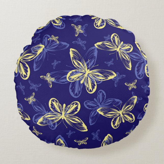 Cute Blue och Gult Butterfly Illustrated Mönster Rund Kudde (Framsidan)