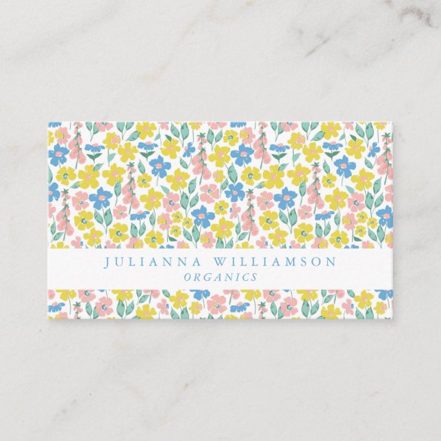 Cute Blue och Gult Ditsy Blommigt Modern Visitkort (Framsida)