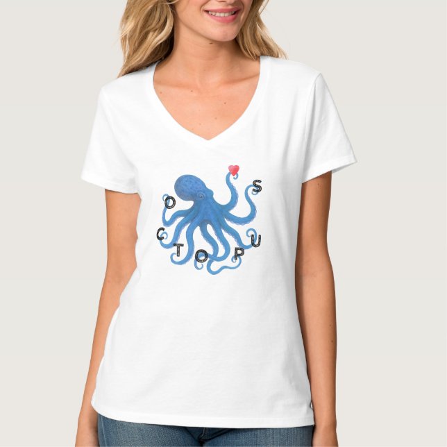 Cute Blue Octopus Friend with Heart Ocean Scuba  T Shirt (Framsida)