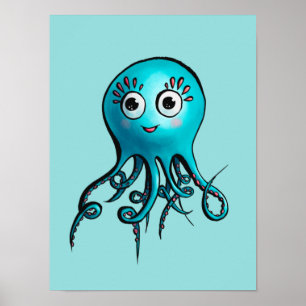 Cute Blue Octopus - Kawaii Tecknad Sea Animal Kids Poster