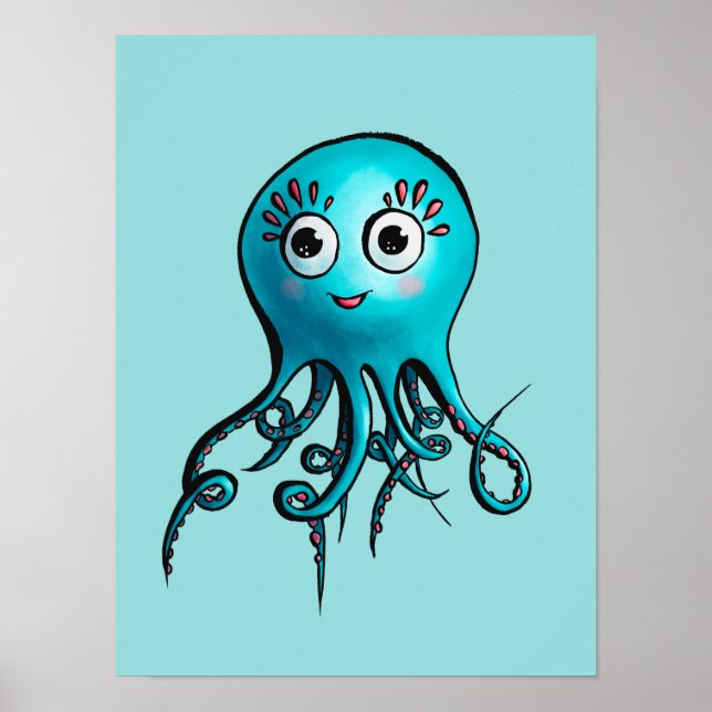 Cute Blue Octopus - Kawaii Tecknad Sea Animal Kids Poster (Framsidan)