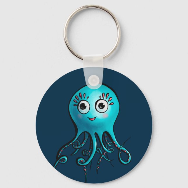 Cute Blue Octopus - Kawaii Tecknad Sea Animal Nyckelring (Framsida)